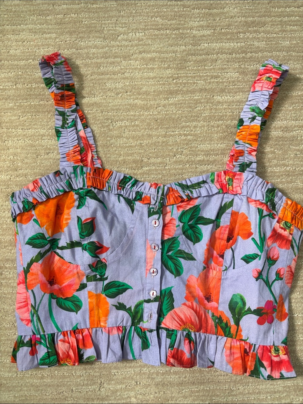 Floral Ruffle Crop Top in Lavender with Orange Poppies